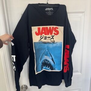 Jaws Graphic Long Sleeve Tee Japanese Writing Mens Medium Casual Classic